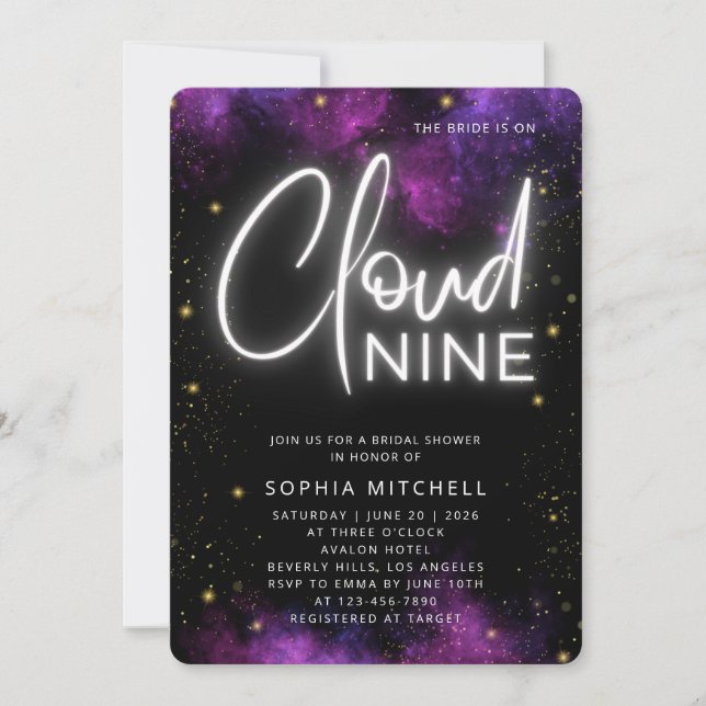Invitation Neon Bride sur Cloud 9 Script Fête des mariées noi (Devant)