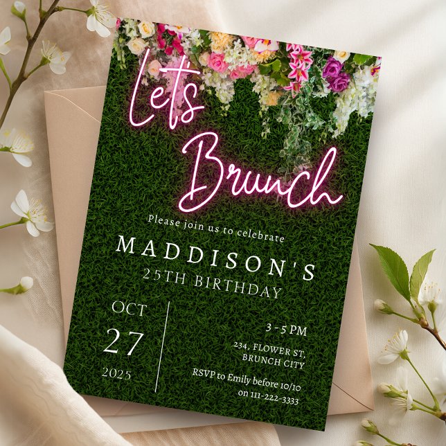 Invitation Neon Brunch Floral Contexte Jardin Fête d'annivers (Neon Brunch Floral Backdrop Garden Party Birthday Invitation)