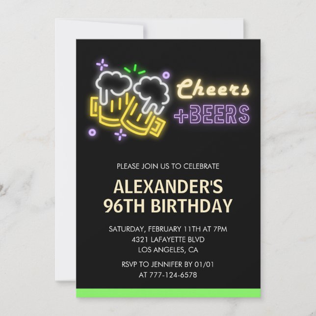 Invitation Neon Cheers Beer Chalkboard 96e anniversaire (Devant)