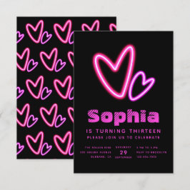 Invitation Neon Coeurs roses fête d'anniversaire