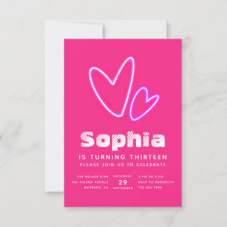 Invitation Neon Coeurs roses fête d'anniversaire