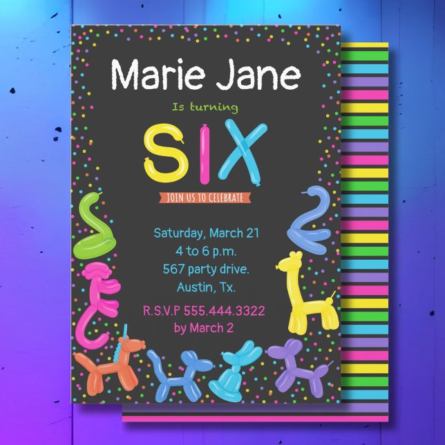Invitation Neon colore ballons d'animaux 6e anniversaire (Créateur téléchargé)