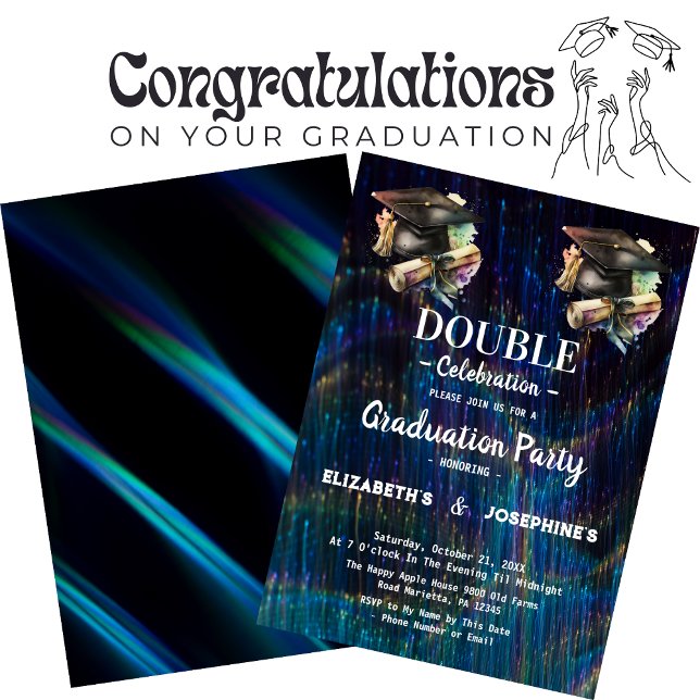 Invitation Neon Deux diplômés Double Graduation Party 2025 (Créateur téléchargé)