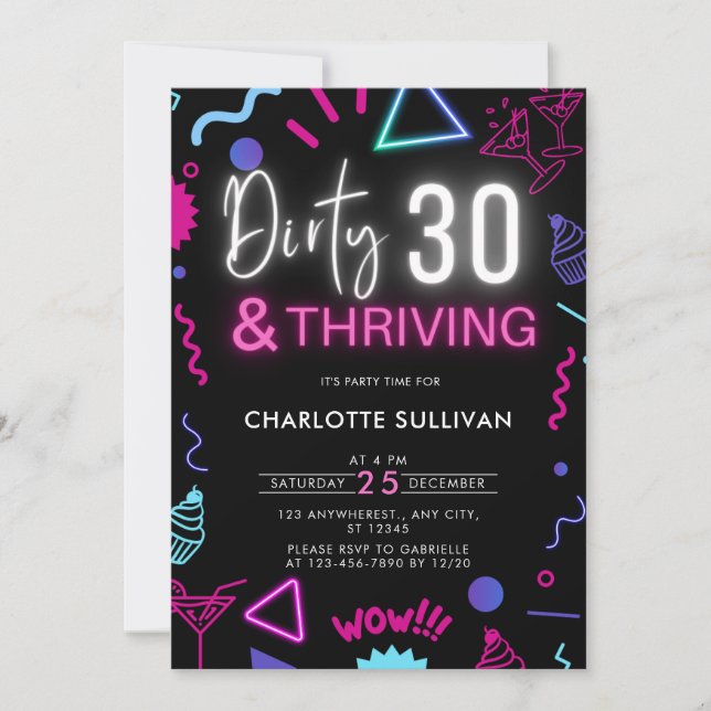 Invitation Neon Dirty 30 et Thriving 30th Birthday Party (Devant)