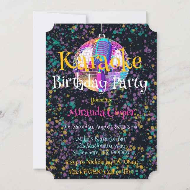 Invitation Neon Disco Ball Karaoke fête d'anniversaire (Devant)
