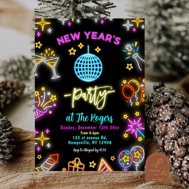 Invitation Neon Disco Ball New Year's Holiday Party (Créateur téléchargé)