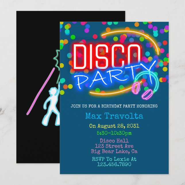 Invitation Neon Disco fête d'anniversaire (Devant / Derrière)