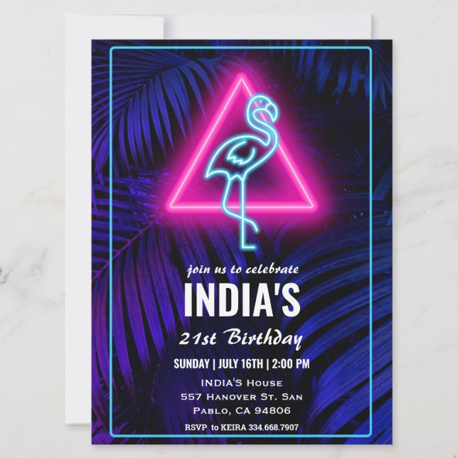 Invitation Neon Flamant rose rose Feuille tropicale Anniversa (Devant)