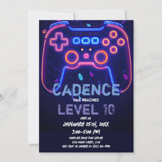Invitation Neon Gamer Arcade Video Game Level Up Anniversaire