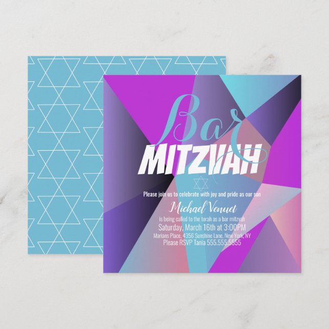 Invitation Neon Geometrique Blue Blanc Bar Mitzvah (Devant / Derrière)