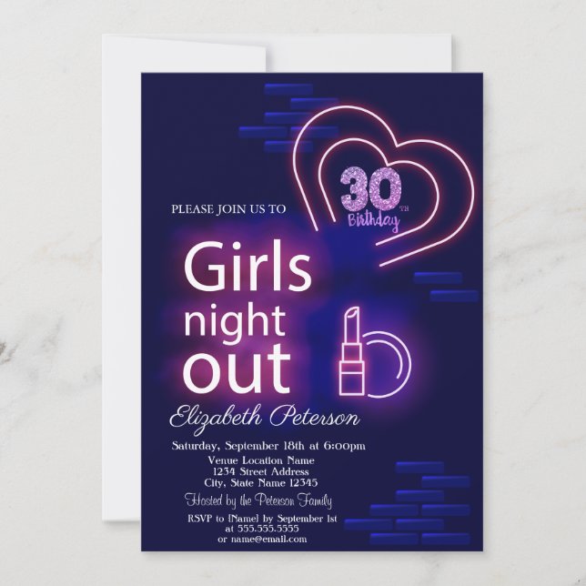 Invitation Neon Girls Night Out 30th Birthday Party (Devant)