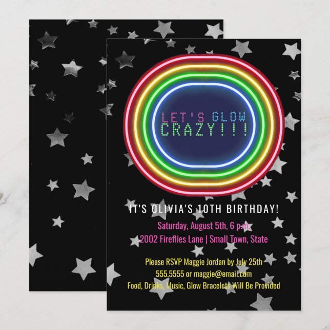 Invitation Neon Glow dans la fête d'anniversaire sombre| La f (Devant / Derrière)