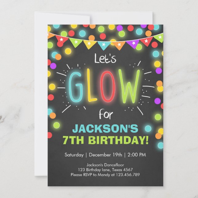 Invitation Neon Glow dans l'invitation d'anniversaire sombre (Devant)