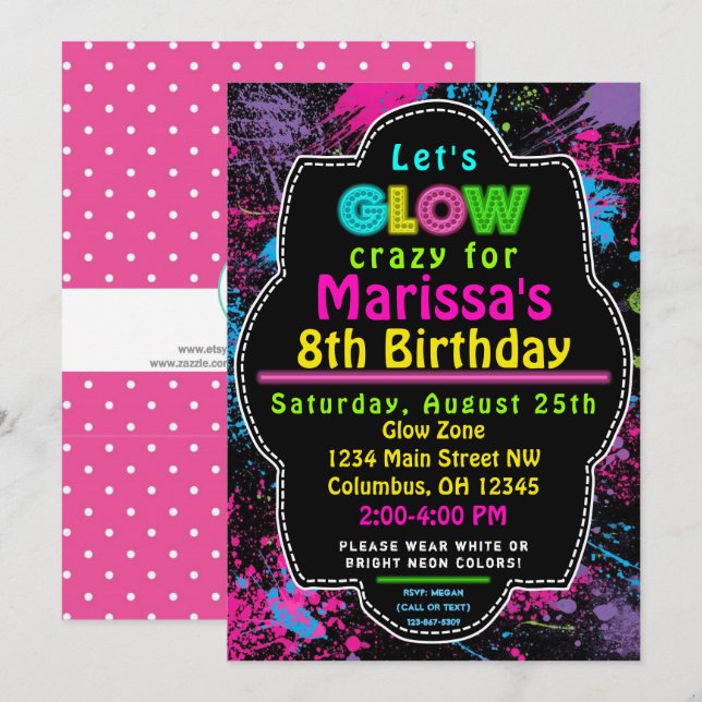 Invitation Neon Glow dans l'obscurité Anniversaire de enfant  (Devant / Derrière)