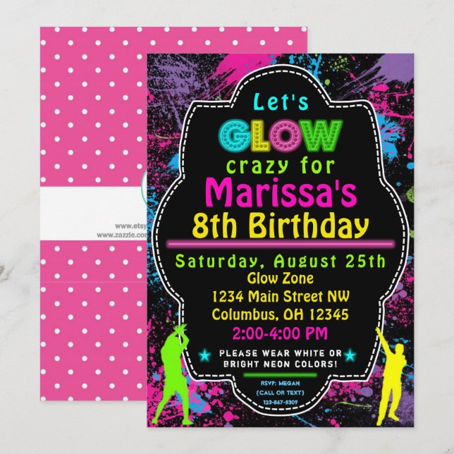 Invitation Neon Glow dans l'obscurité Anniversaire de enfant  (Devant / Derrière)