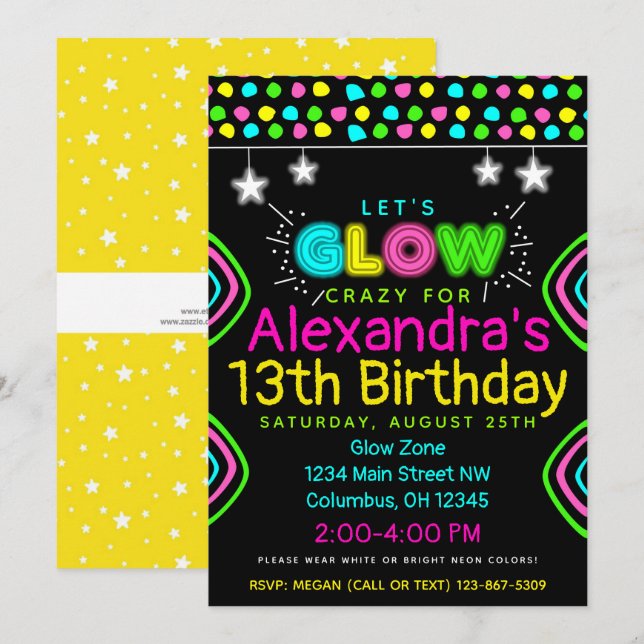 Invitation Neon Glow dans l'obscurité Anniversaire de enfant  (Devant / Derrière)