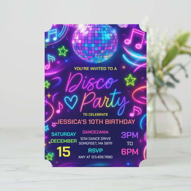 Invitation Neon Glow Disco Dance Party Anniversaire (Debout devant)