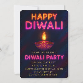 Invitation Neon Glow Diya avec script Happy Diwali Party