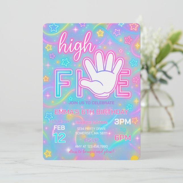 Invitation Neon Glow High Cinq 5e anniversaire de fête Invita (Debout devant)