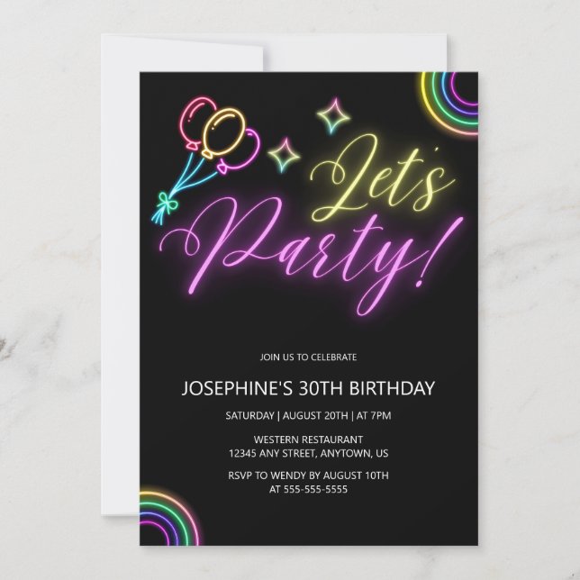 Invitation Neon Glow Rainbow Balloon Anniversaire (Devant)