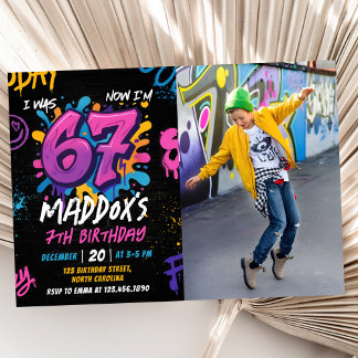 Invitation Neon Graffiti Six Seven Kids 7th Birthday Photo