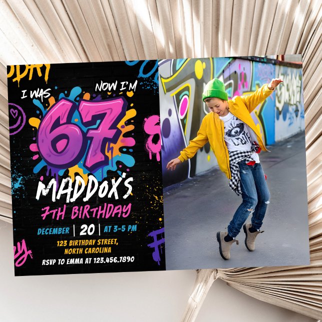 Invitation Neon Graffiti Six Seven Kids 7th Birthday Photo (Créateur téléchargé)