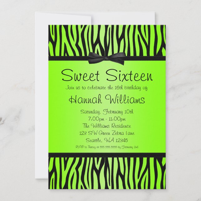 Invitation Neon Green et Black Zebra Bow Sweet 16 Anniversair (Devant)