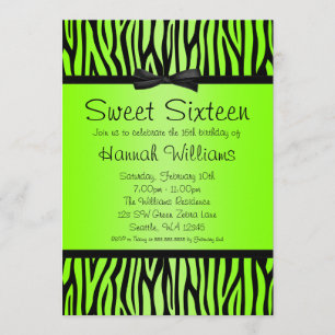 Invitation Neon Green et Black Zebra Bow Sweet 16 Anniversair