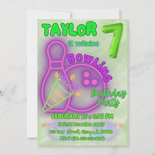 Invitation Neon Green et Purple Kids Bowling Anniversaire (Devant)