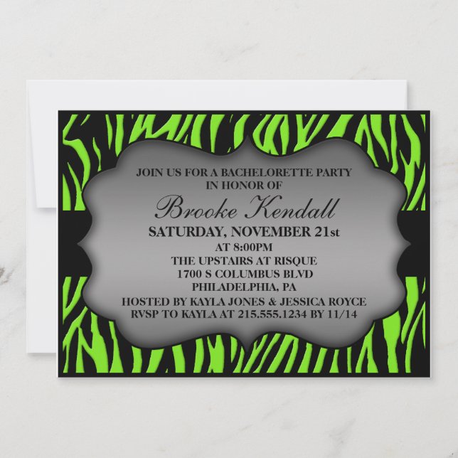 Invitation Neon Green Wild Night Zebra Bachelorette Party (Devant)