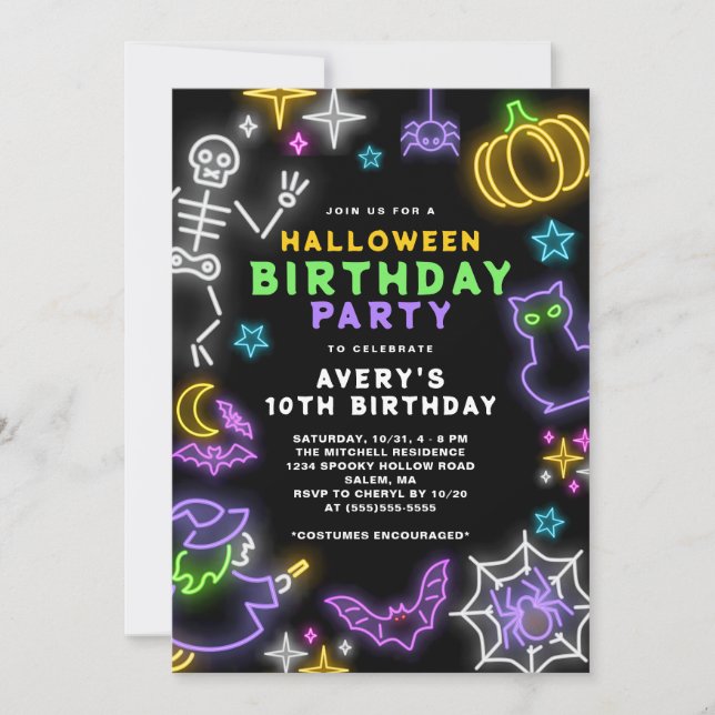 Invitation Neon Halloween Boys 10e Anniversaire Costume Party (Devant)