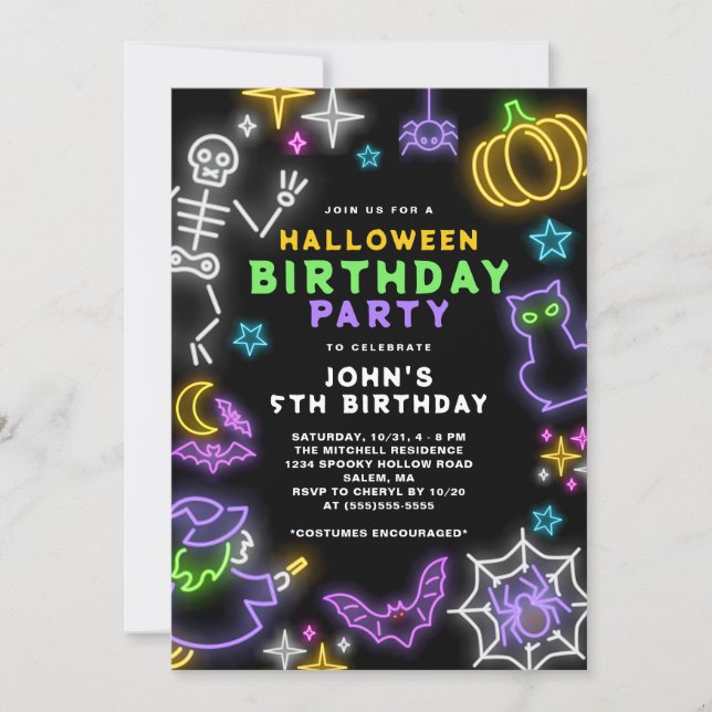 Invitation Neon Halloween Boys 5e Anniversaire Costume Party (Devant)