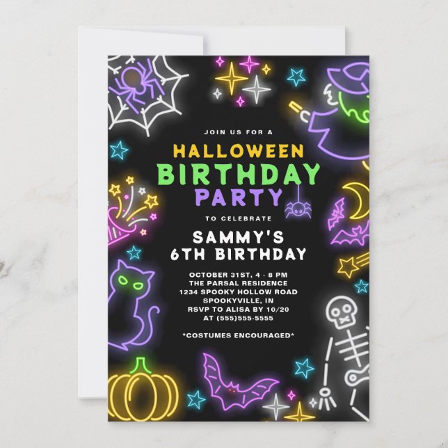 Invitation Neon Halloween Girls 6e Anniversaire Costume Party (Devant)
