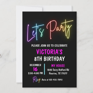 Invitation Neon Light Birthday Invitation, Rainbow Party
