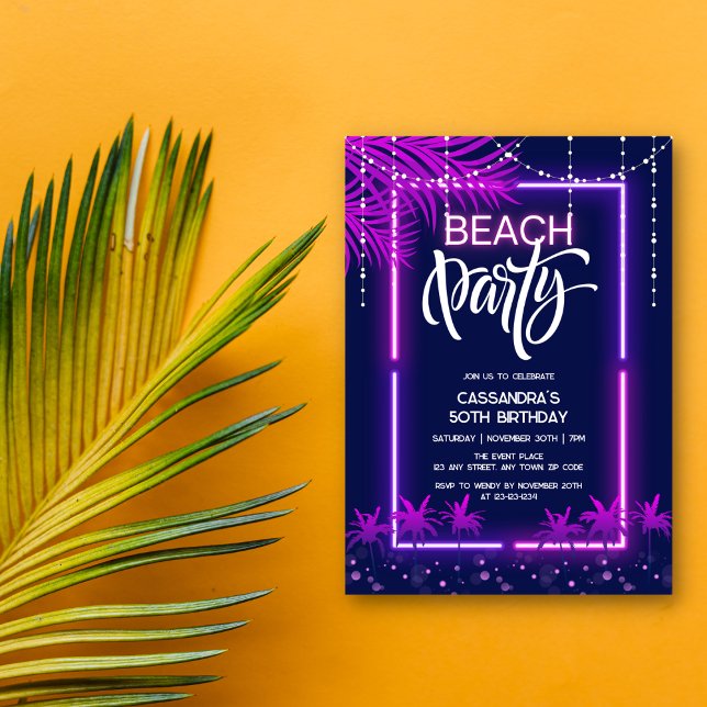 Invitation Neon Lights Palm Beach Night Party Anniversaire (Créateur téléchargé)