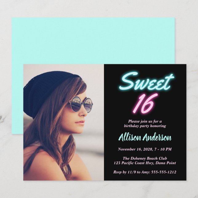 Invitation Neon Lights Photo Sweet 16 Anniversaire fête (Devant / Derrière)