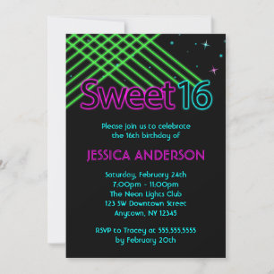 Invitation Neon Lights Sweet 16 Anniversaire