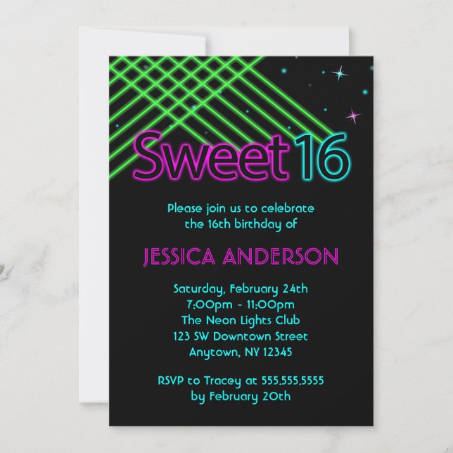 Invitation Neon Lights Sweet 16 Anniversaire (Devant)