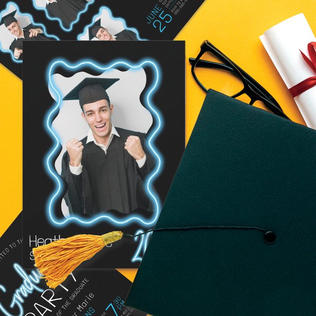 Invitation Neon Llow Wavy Frontière Photo Party Graduation (Créateur téléchargé)