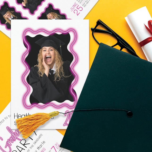 Invitation Neon Llow Wavy Frontière Photo Party Graduation (Créateur téléchargé)