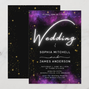 Invitation Neon Lumière Galaxie Noir Violet Mariage