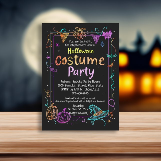 Invitation Neon Marker Style Enfants Halloween Costume Party (neon marker kids halloween invitation)