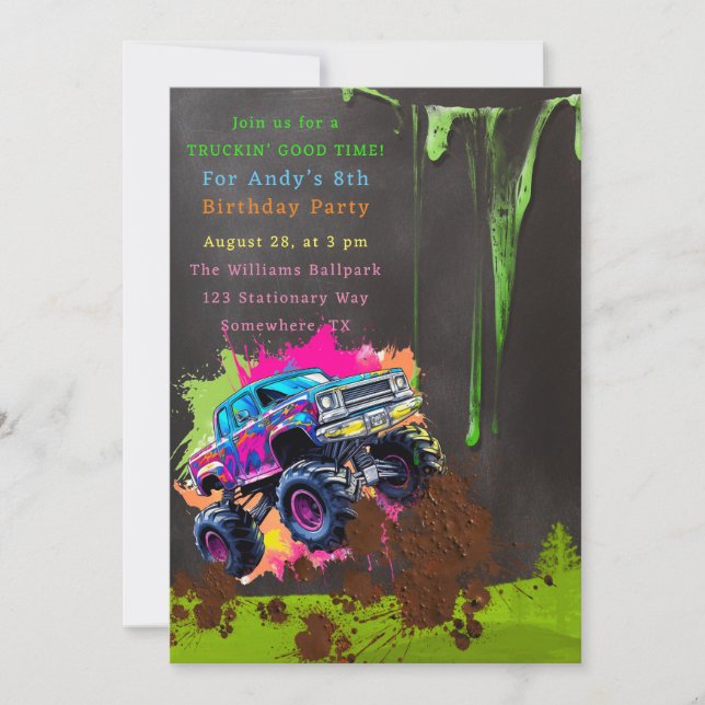 Invitation Neon Monster Truck Boy fête d'anniversaire (Devant)