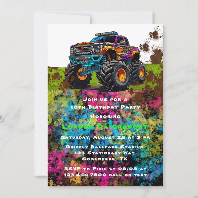 Invitation Neon Paint Monster Truck Boy Anniversaire (Devant)