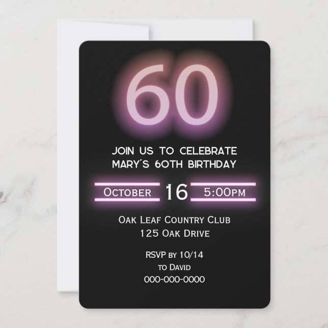 Invitation Neon Pink 60e fête d'anniversaire (Devant)