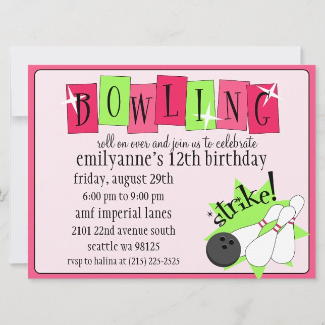 Invitation Neon Pink & Green Bowling Anniversaire Totalement  (Devant)