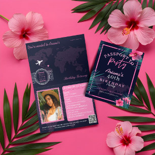 Invitation Neon Pink Tropical Passport Destination Anniversai