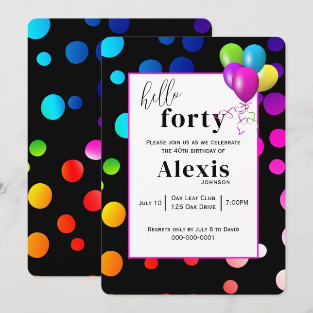 Invitation Neon Pois pour la fête du 40e anniversaire (Devant / Derrière)