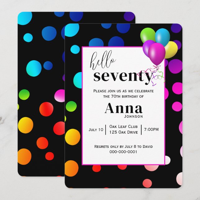 Invitation Neon Pois pour la fête du 70e anniversaire (Devant / Derrière)