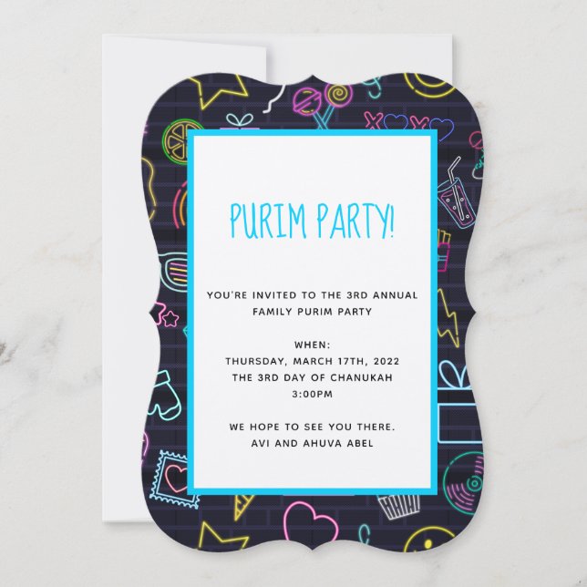 Invitation Neon Purim (Devant)
